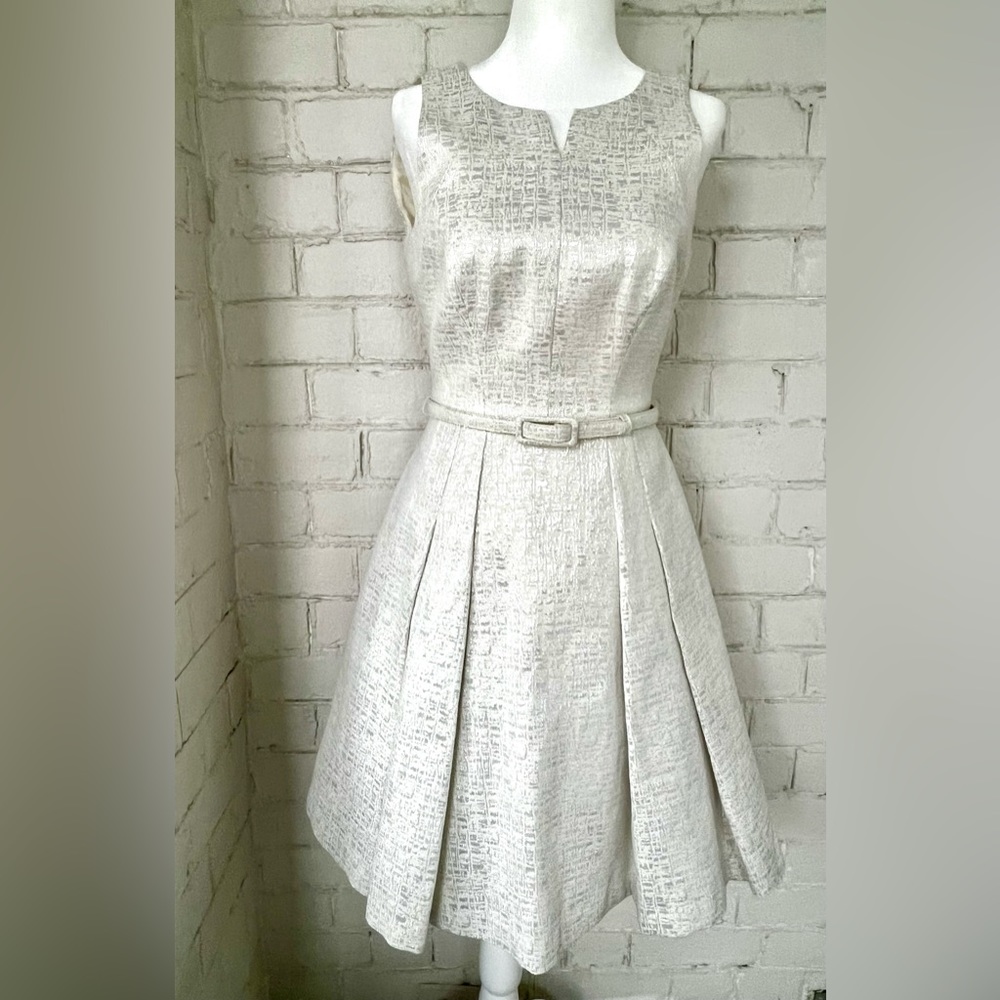 WHBM Silver, Metallic, Jacquard, Belted, Fit-and-Flare Cocktail Dress - Size 00